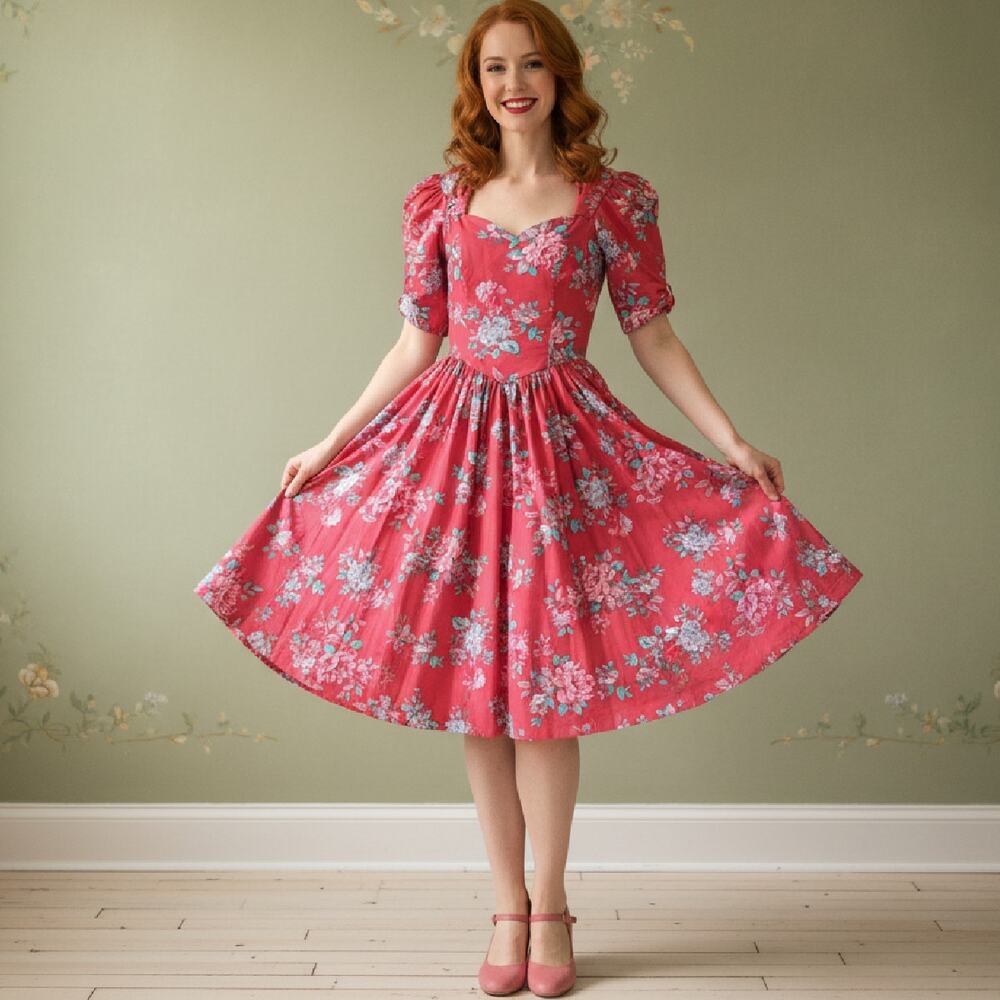 Vintage 80s LAURA ASHLEY Pink Floral Puff Sleeve Midi Dress fits XS Cottagecore - Picture 1 of 9